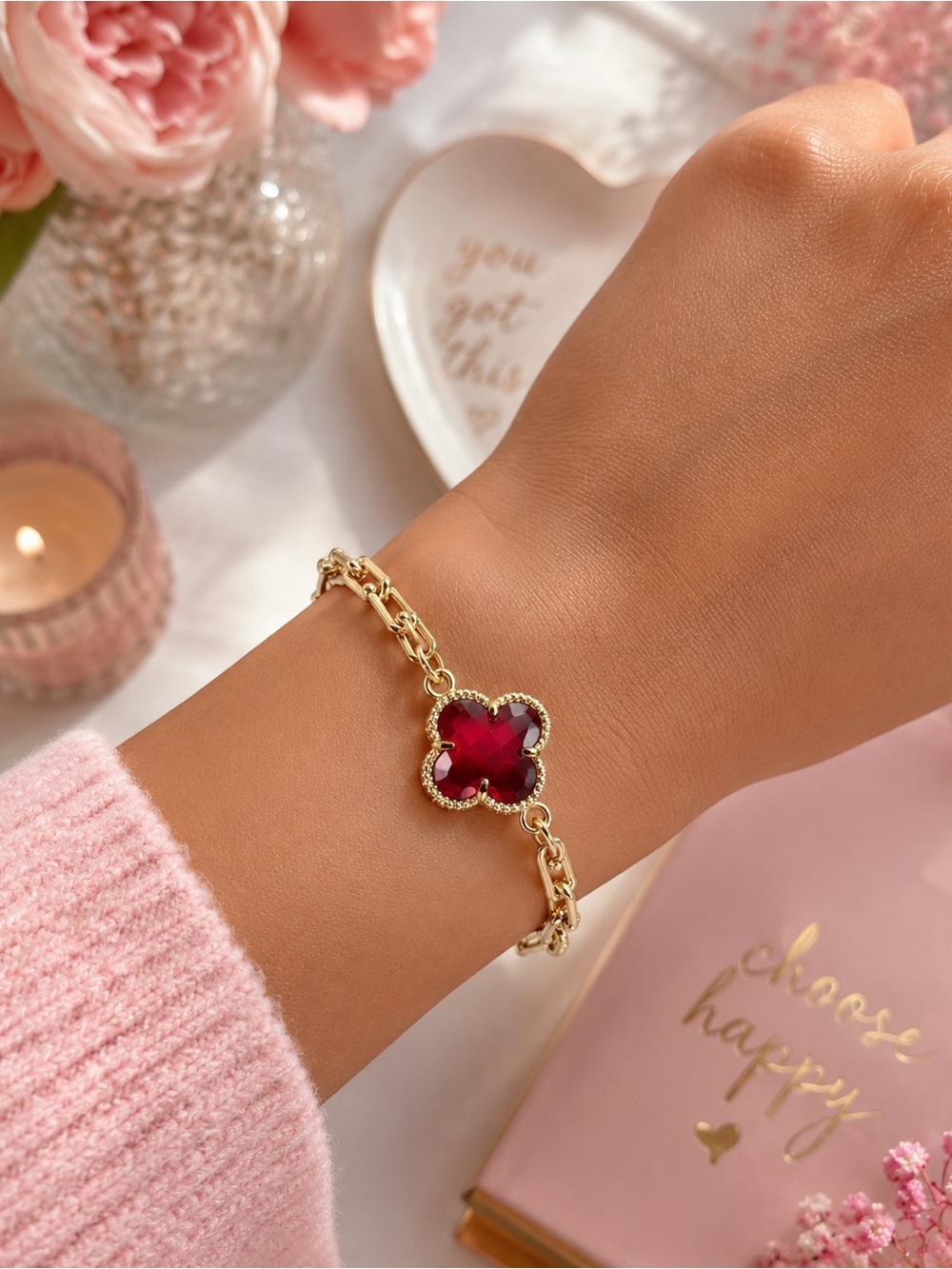 Gold Chain Bracelet with Red Clover.
